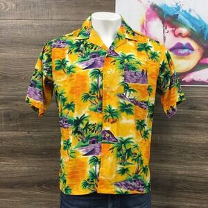 Vintage‎ Network Hawaiian Shirt Tropical Palm Rayon Button Up Short Sleeve L